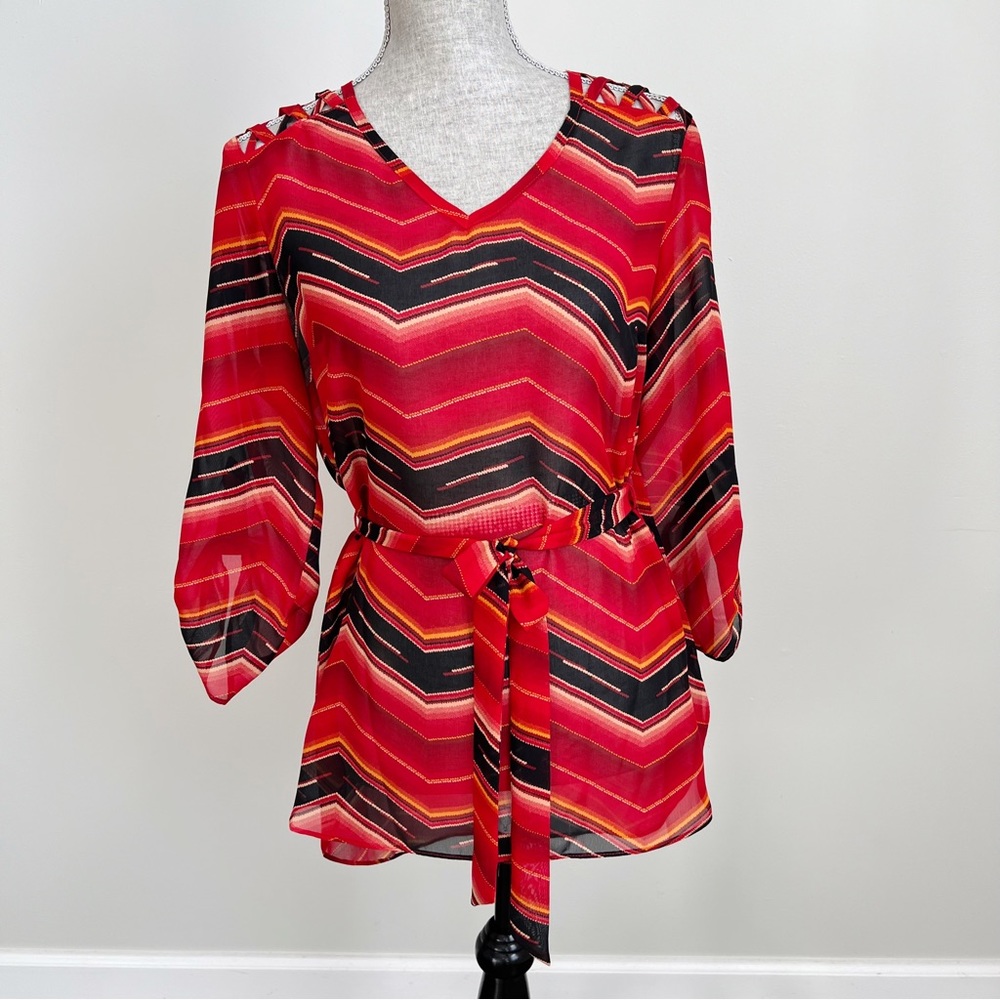 IN Studio Belted Blouse Chevron Sheer Cut Out Shoulder Tunic Top Small Geometric